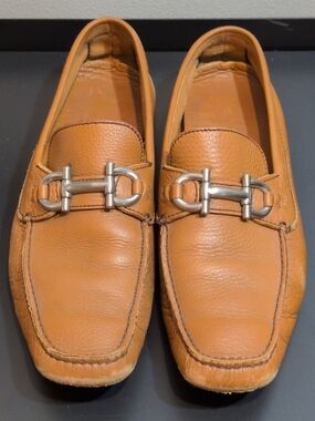 Salvatore Ferragamo Men's Leather Slip-On Loafers Tan w Metal Bit Made Italy GUC